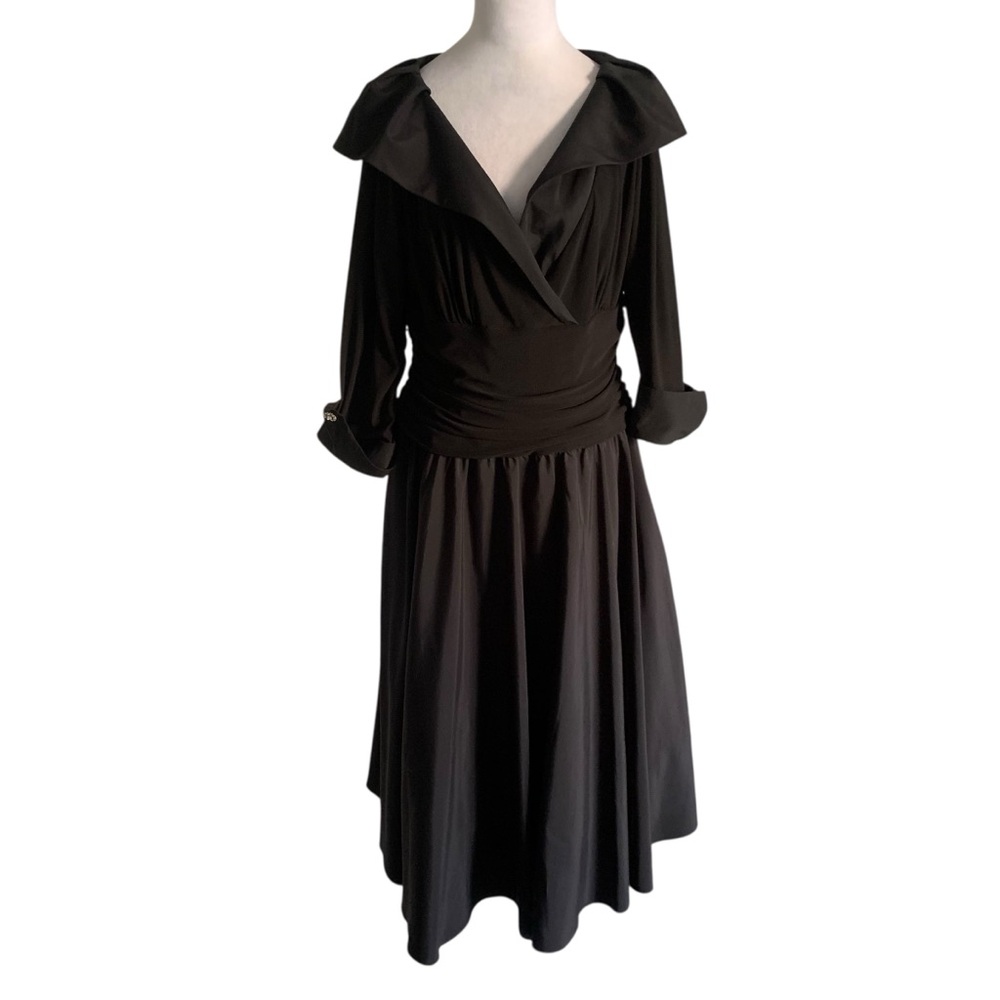Jessica Howard Women’s Black Large V Neck Elegant Black Tulle Skirt Midi Dress